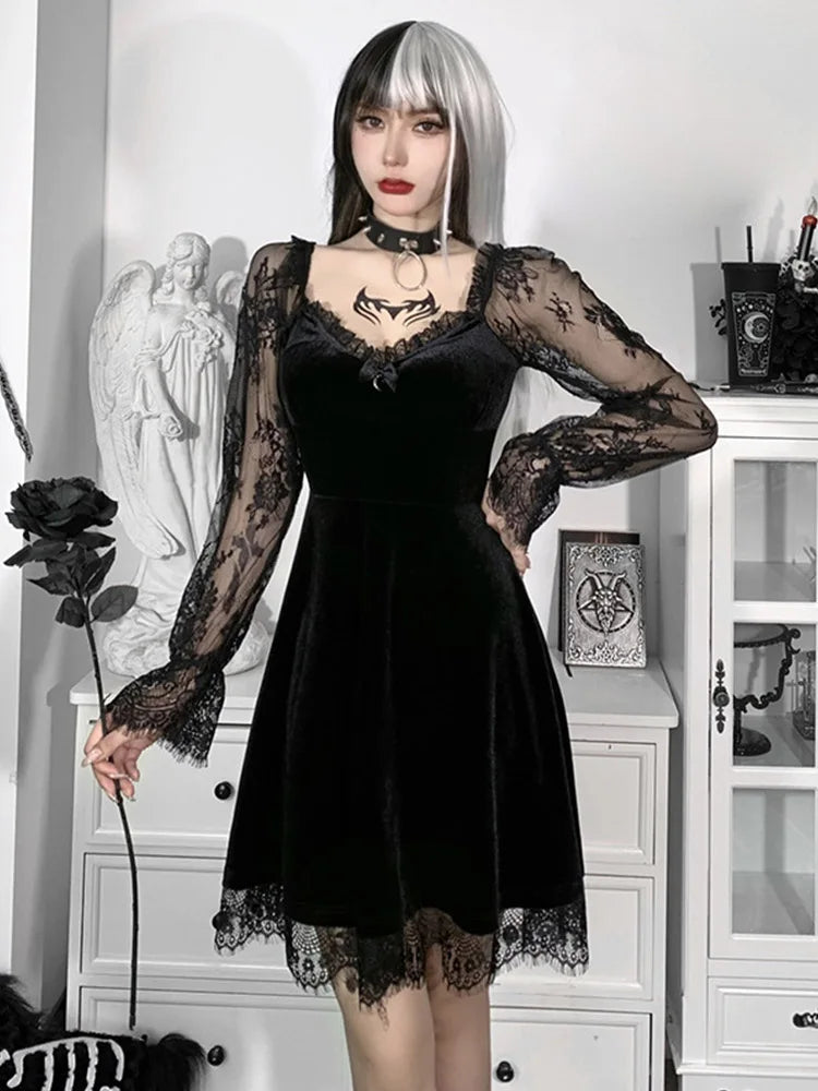 Velvet Gothic Skater Dress with Lace Sleeves and Dark Romantic Style