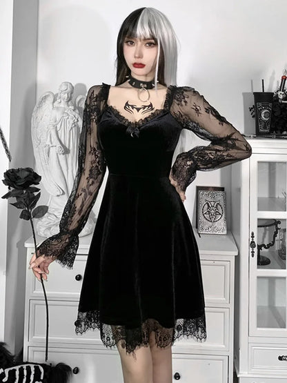 Velvet Gothic Skater Dress with Lace Sleeves and Dark Romantic Style