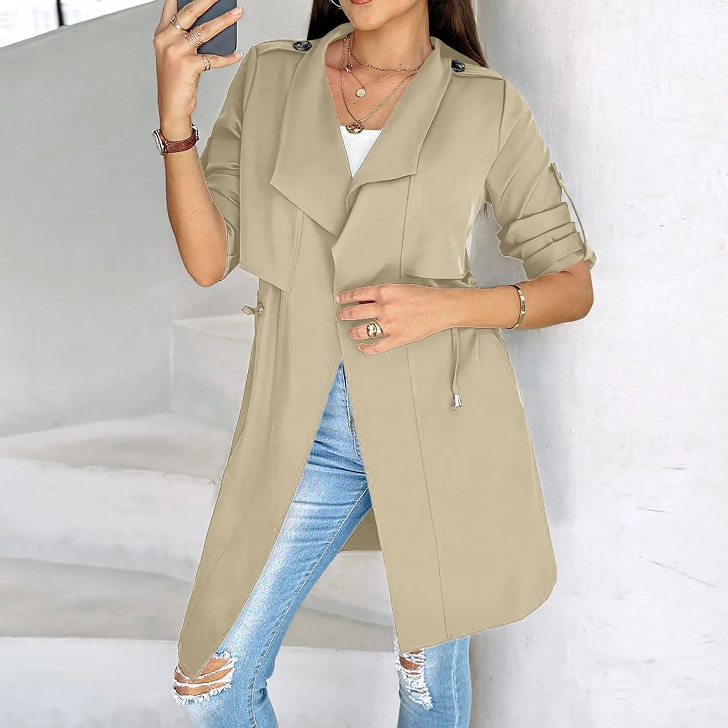 Women's Lightweight Longline Utility Trench Jacket with Relaxed Fit Contemporary Streetwear Outerwear