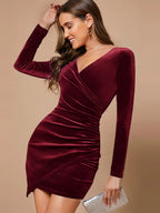 Velvet Wrap Front Mini Dress with Long Sleeves and Ruched Detail