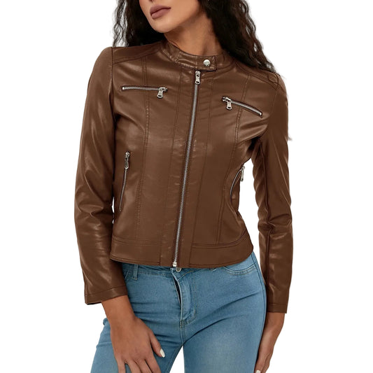 Glossy Moto Style Zip Front Jacket with Contemporary Streetwear Edge