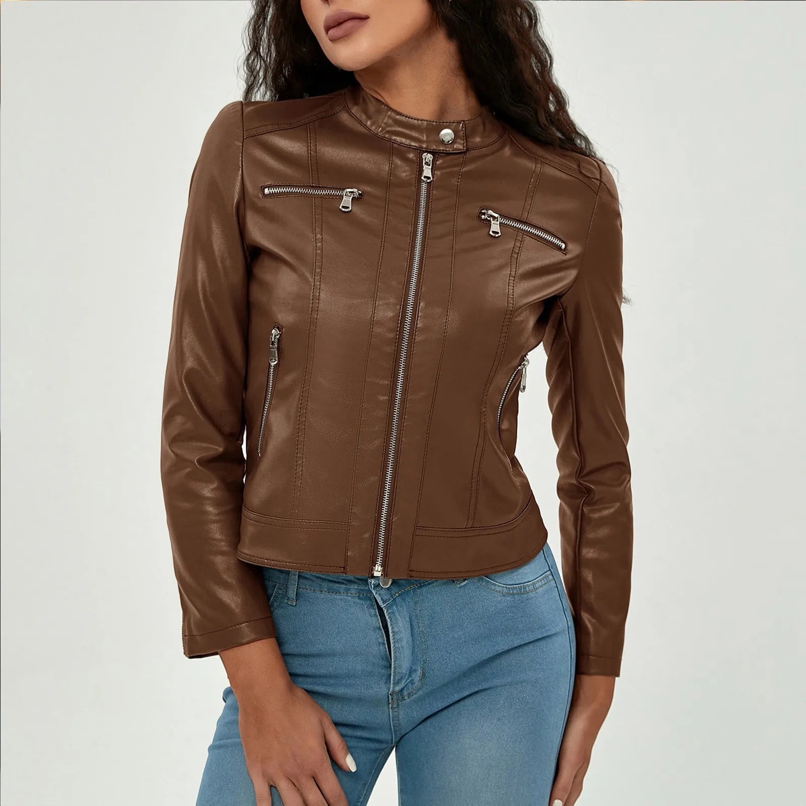 Women's Glossy Faux Leather Moto Jacket with Zip Front Contemporary Streetwear Silhouette
