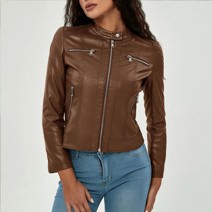 Women's Glossy Faux Leather Moto Jacket with Zip Front Contemporary Streetwear Silhouette