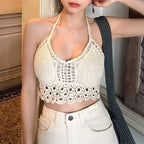 Women's Crochet Halter Neck Backless Crop Top with Tassel Detail for Summer Streetwear Style