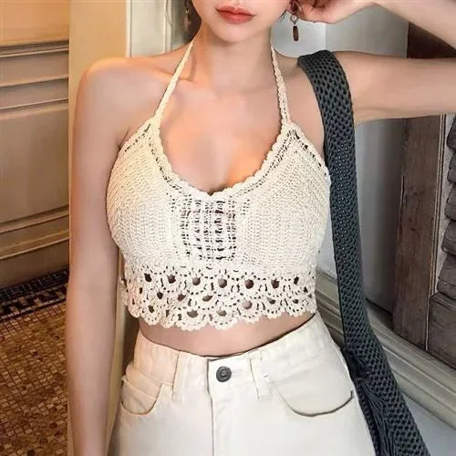 Women's Crochet Halter Neck Backless Crop Top with Tassel Detail for Summer Streetwear Style