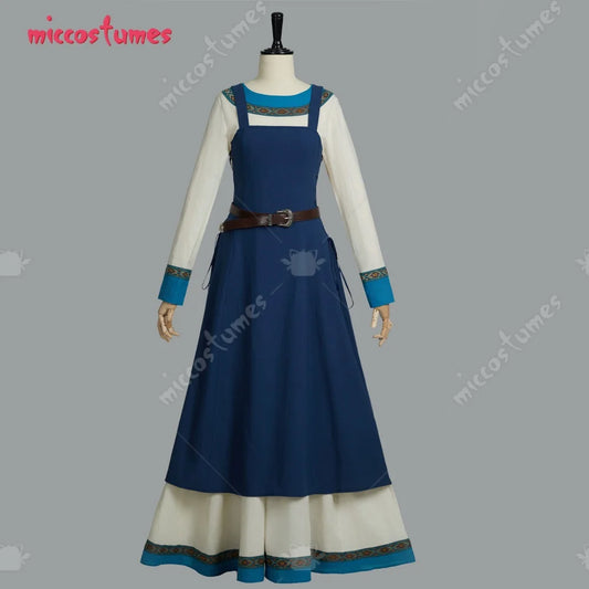 Women's Medieval Linen Blend Dress Set with Apron Layer, Belt and Long Sleeve Design