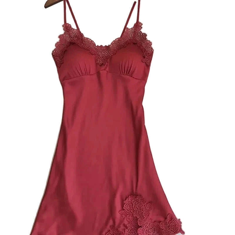 Elegant Smooth Knit Slip Dress with Lace Neckline and Removable Padding