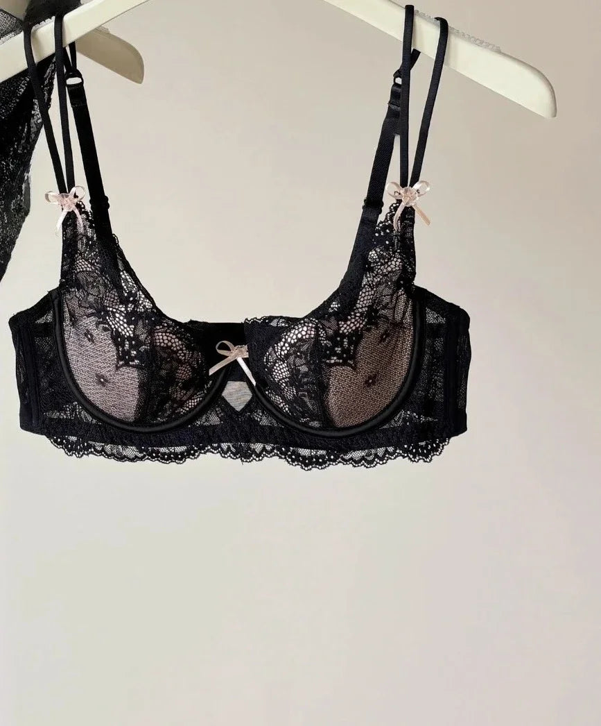 French Eyelash Lace Balconette Demi Bra and Sheer Low-Rise Hipster Panty Set