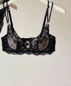 French Eyelash Lace Balconette Demi Bra and Sheer Low-Rise Hipster Panty Set