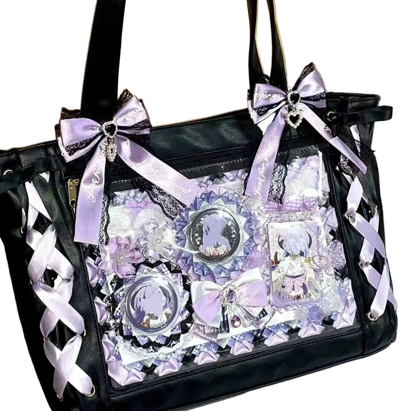 Transparent Display Tote Bag with Ribbon Accents and Organizer Compartments