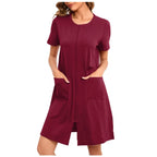 Women's Lightweight Zipper-Front Robe, Short-Sleeve Knee-Length Bathrobe with Pockets, Soft Casual Homewear and Sleepwear
