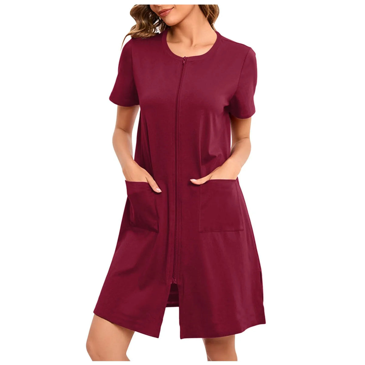 Women's Lightweight Zipper-Front Robe, Short-Sleeve Knee-Length Bathrobe with Pockets, Soft Casual Homewear and Sleepwear