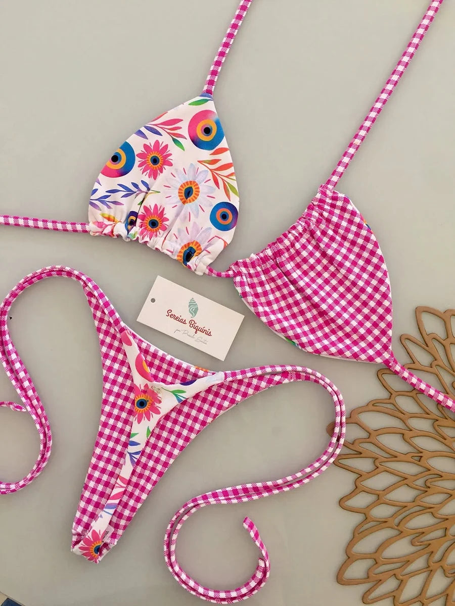 Abstract Print String Bikini Set with Triangle Halter Top and Minimalist Silhouette
