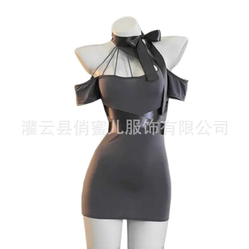 Playful Gray Cutout Halter Mini Dress with Off-the-Shoulder Sleeves and Bow Detailing