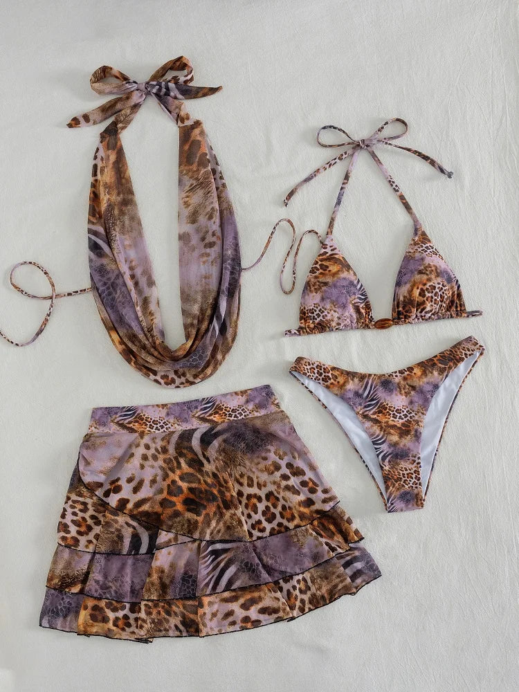 Four-Piece Leopard Print Vacation Ensemble with High-Waisted Skirt and Matching Top