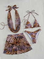 Four-Piece Leopard Print Vacation Ensemble with High-Waisted Skirt and Matching Top