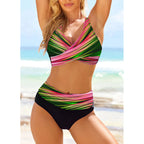 Geometric Print Cross-Front Bikini Top with High-Waisted Color-Block Bottoms
