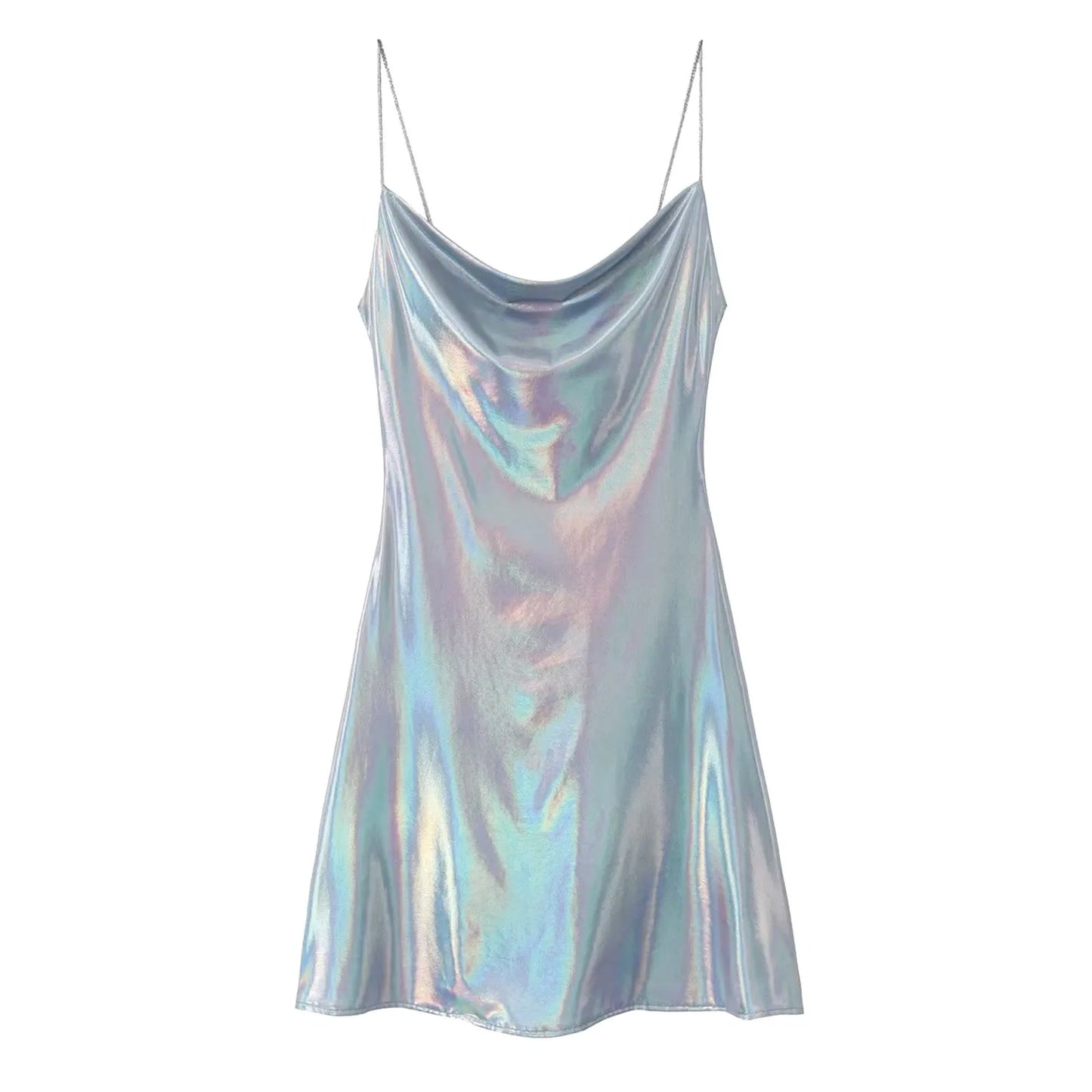Metallic Finish Spaghetti Strap Mini Dress with Draped Cowl Neckline
