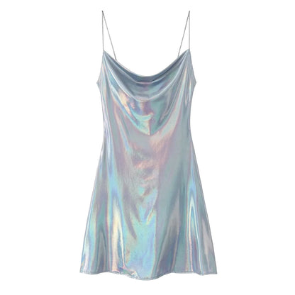 Metallic Finish Spaghetti Strap Mini Dress with Draped Cowl Neckline
