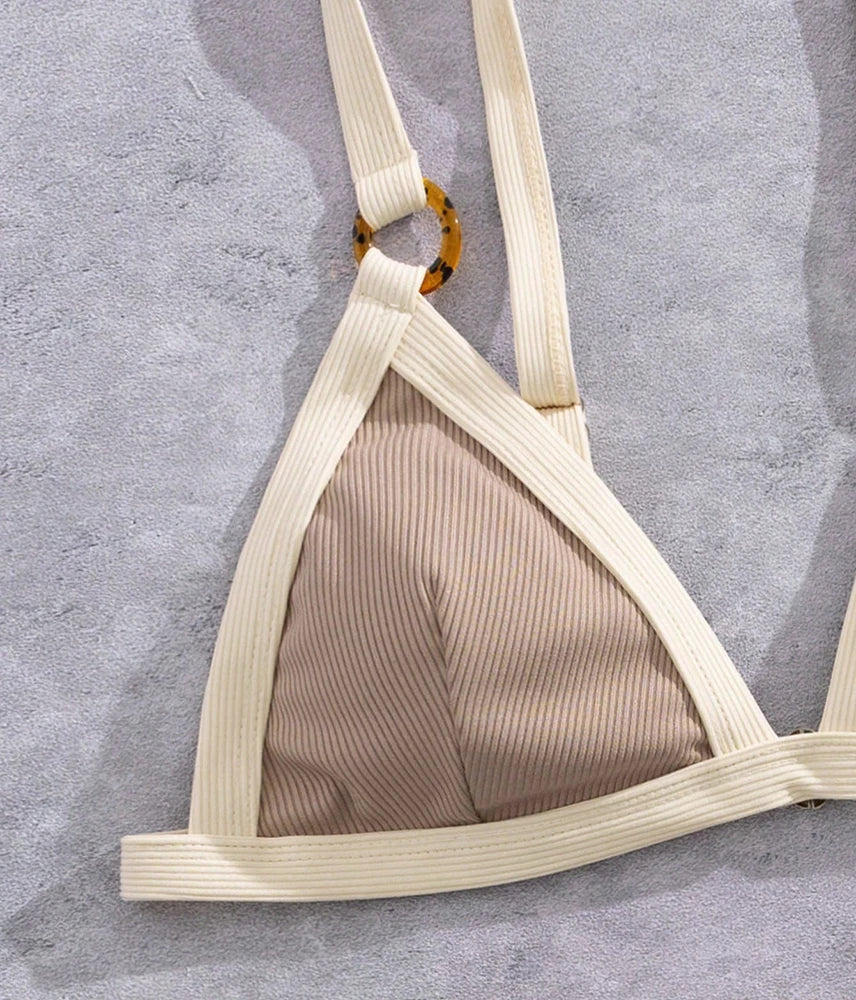 Textured Taupe Triangle Bikini with White Contrast Piping and Ring Hardware