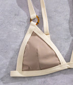 Textured Taupe Triangle Bikini with White Contrast Piping and Ring Hardware