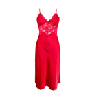 Vibrant Red Satin-Finish Midi Slip Dress with Sheer Lace Midriff