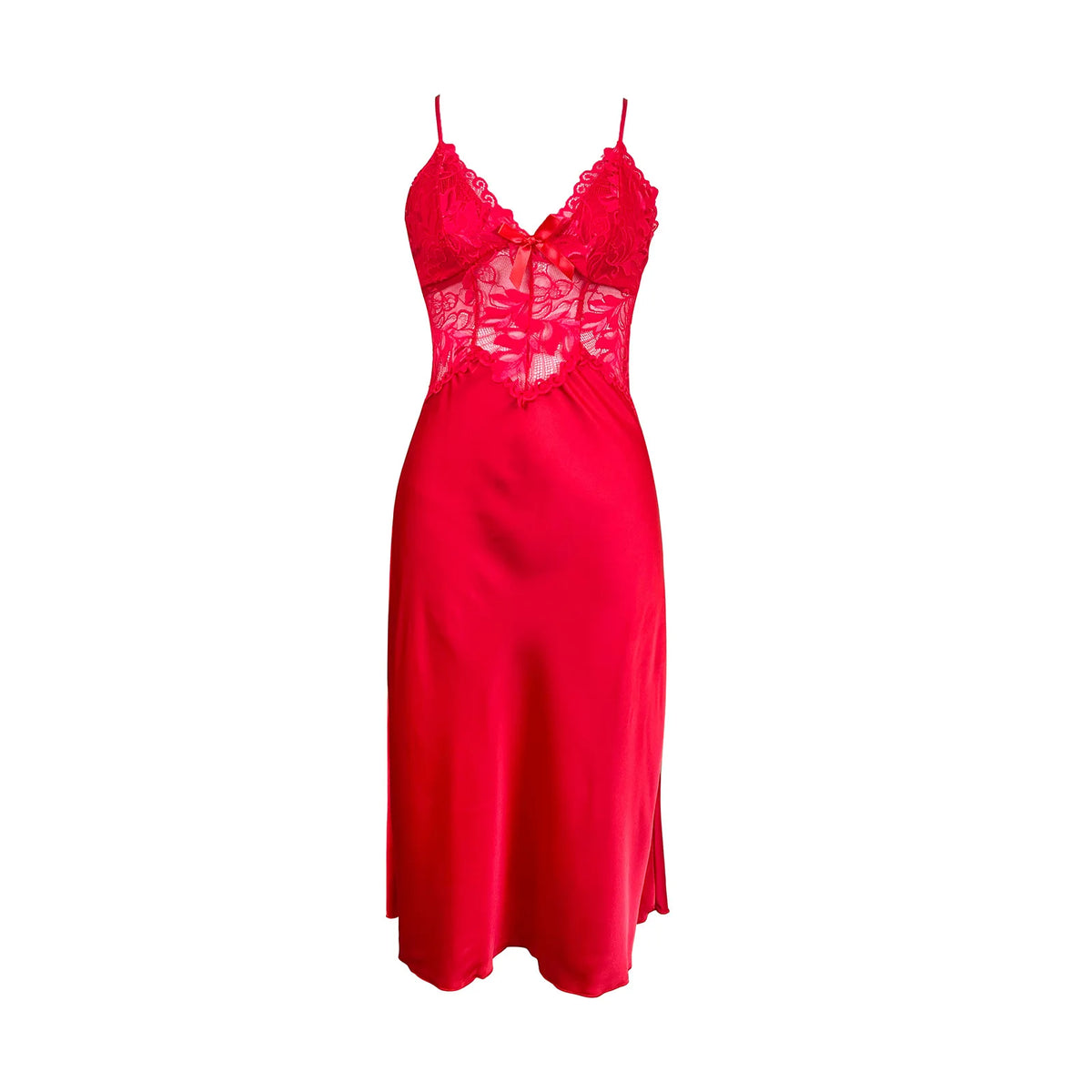 Vibrant Red Satin-Finish Midi Slip Dress with Sheer Lace Midriff