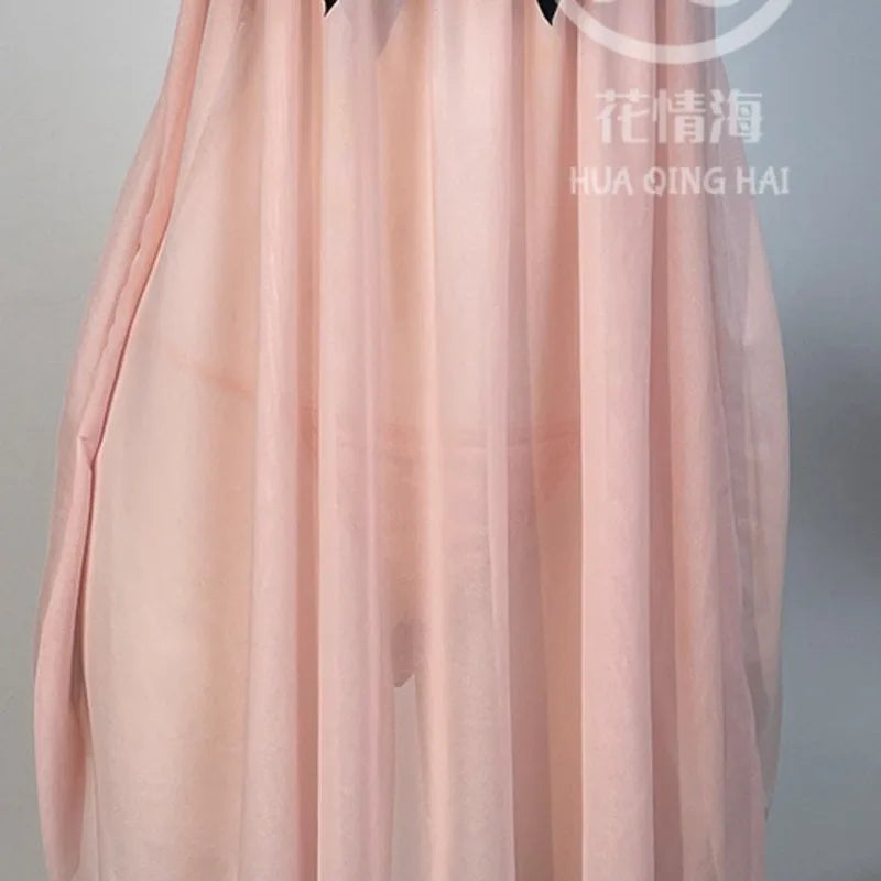 Peach Pleated Mesh Halter Babydoll with Contrast Black Bow Detailing