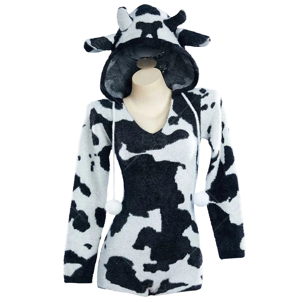 Women's Hooded Plush Zip-Up Bodysuit Romper with Animal Print Pattern and Soft Texture