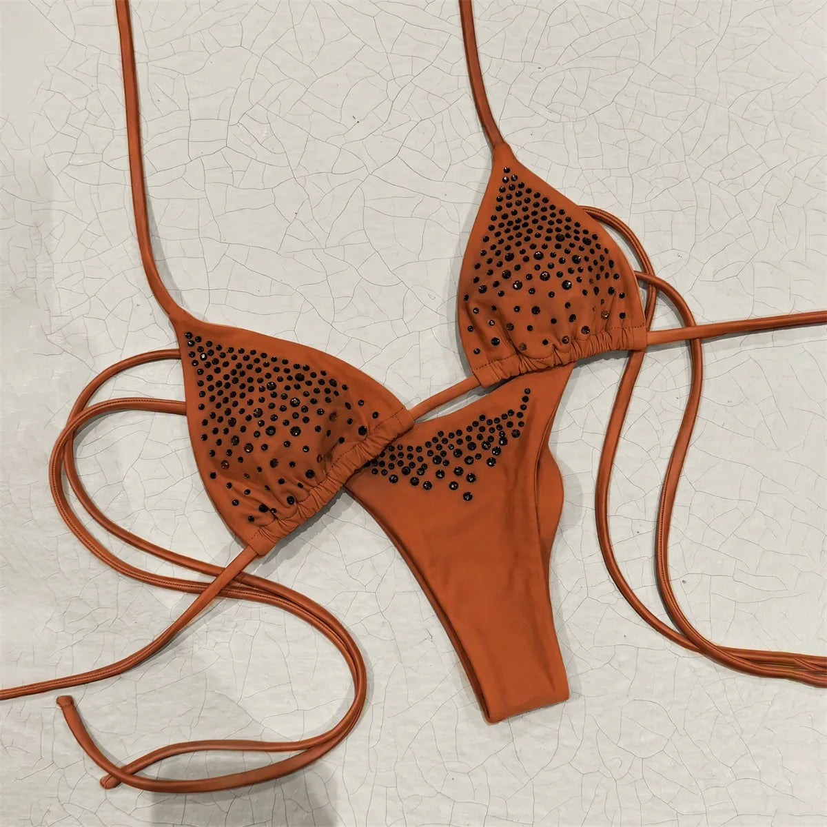 Minimalist Coral Pink Triangle String Bikini with Pearl Embellishments