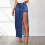 High Waist Denim Maxi Skirt with Front High Slit Contemporary Casual Everyday Style