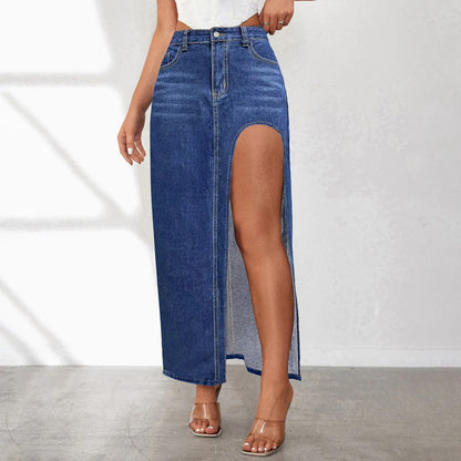 High Waist Denim Maxi Skirt with Front High Slit Contemporary Casual Everyday Style