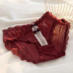 Women’s Wine-Red Lace Brief with Decorative Bow, Floral-Style Texture and Mid-Rise Feminine Lingerie Silhouette