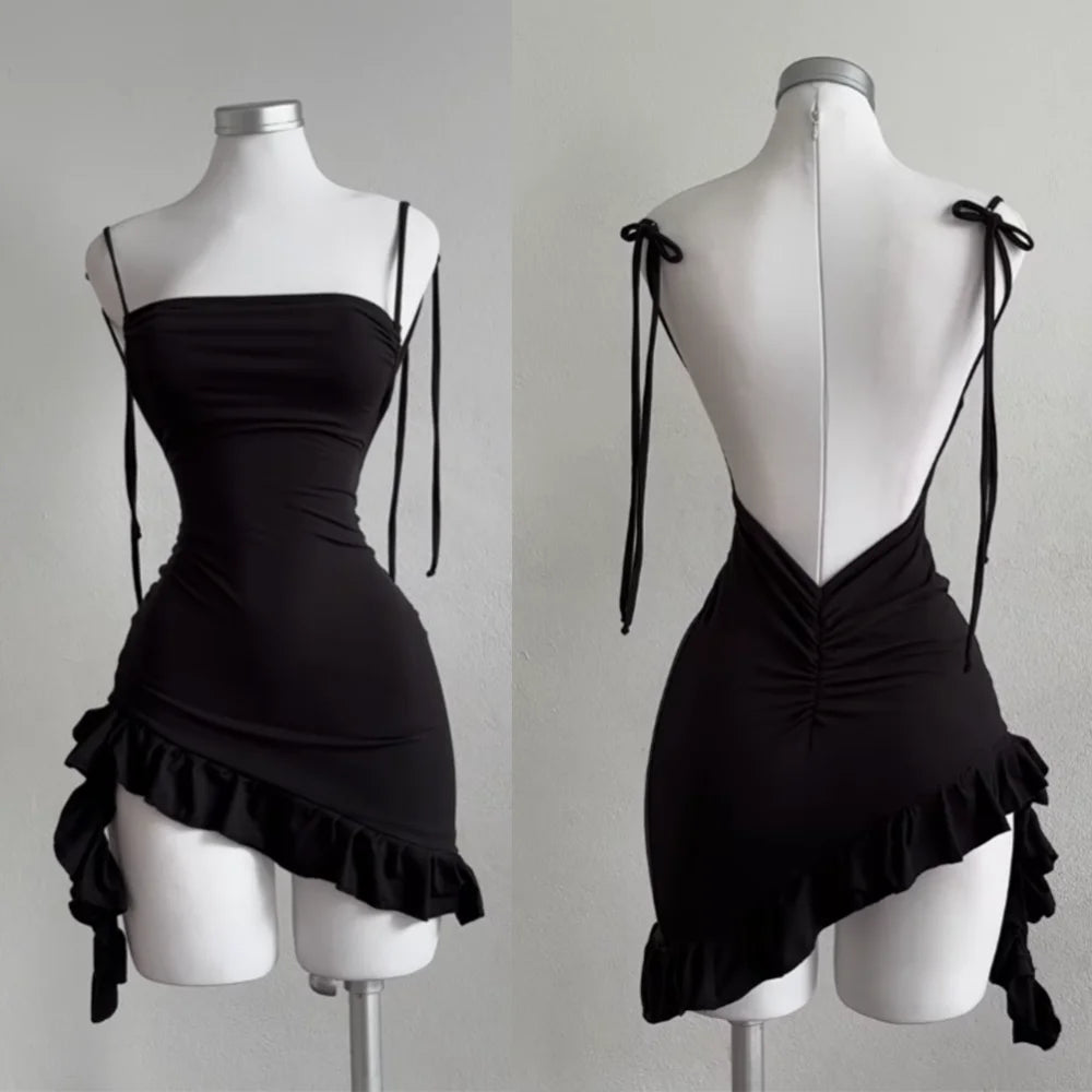 Lace Up Backless Bodycon Mini Dress with Spaghetti Strap Y2K Styling