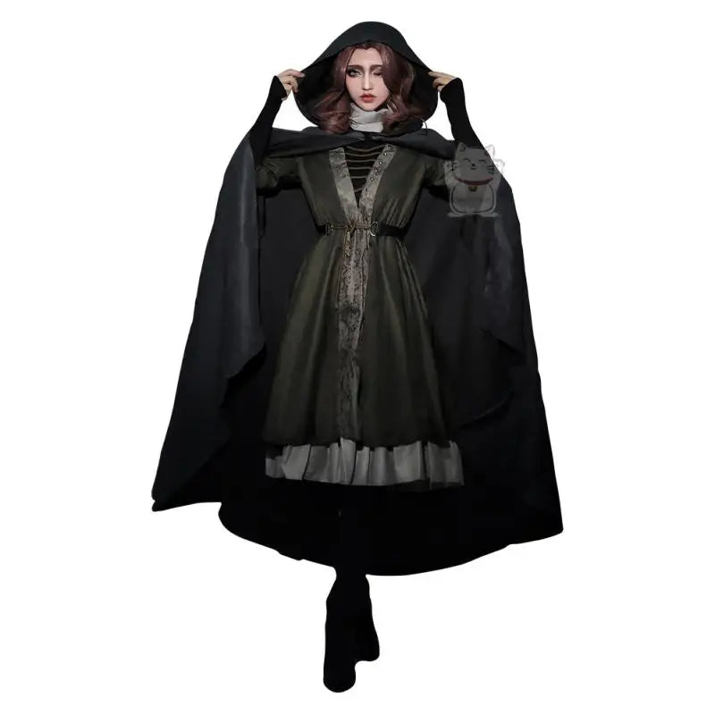 Women's Fantasy-Inspired Hooded Cape Dress Set with Layered Robe and Coordinated Wig