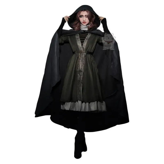 Women's Fantasy-Inspired Hooded Cape Dress Set with Layered Robe and Coordinated Wig