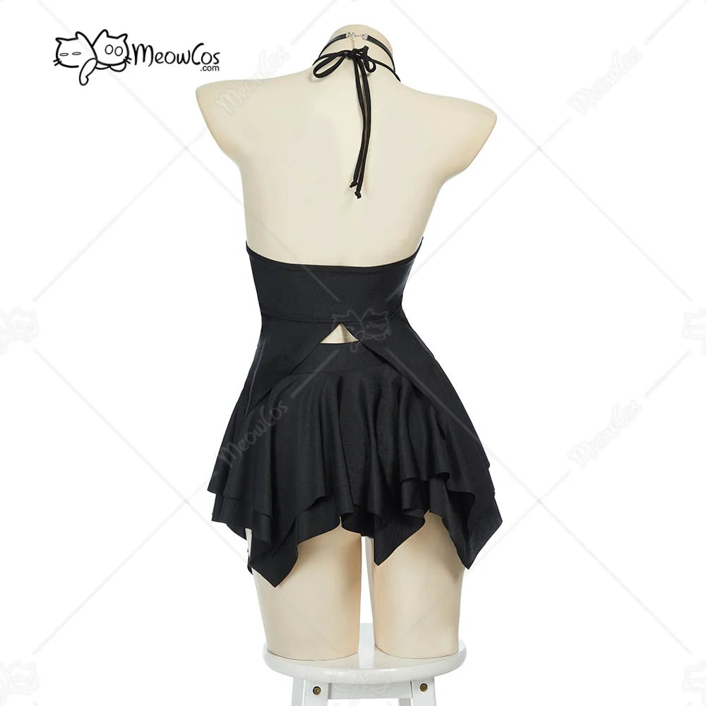 Women's Halter Cutout Two Piece Swim Set with Layered Skirt and Necklace Accessory