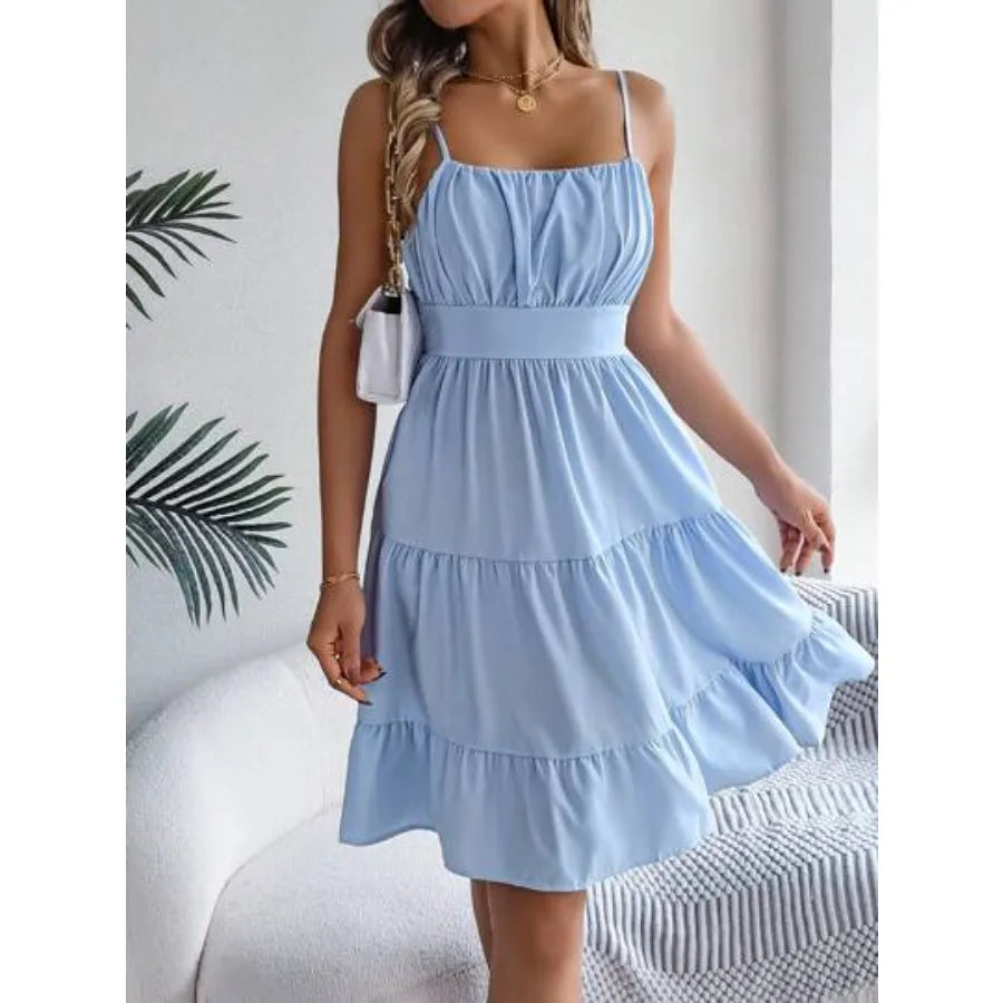 Ruched Strapless Tiered Mini Dress with Flowy Contemporary Summer Styling