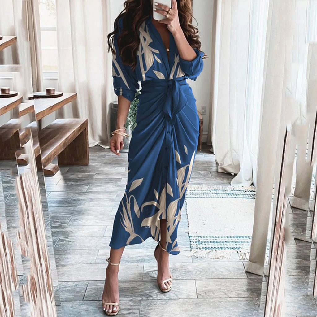 Abstract Print Maxi Dress with Belted Waist and Long Sleeves