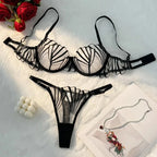 Architectural Black Linear Embroidery and Nude Mesh Underwire Set