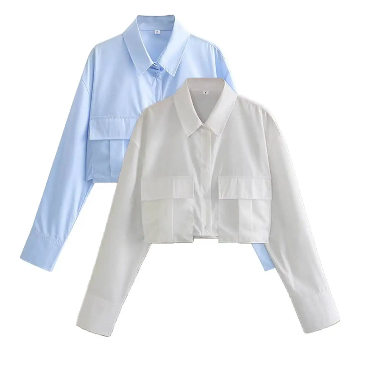 Contemporary White Cropped Button-Down Shirt with Utilitarian Chest Pockets