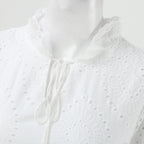Ruffle Sleeve Eyelet Midi Dress with V Neck and Flowy Silhouette