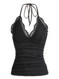 Lace Trim Halter Crop Top with Ruched Front Backless Streetwear Style