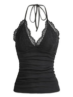 Lace Trim Halter Crop Top with Ruched Front Backless Streetwear Style