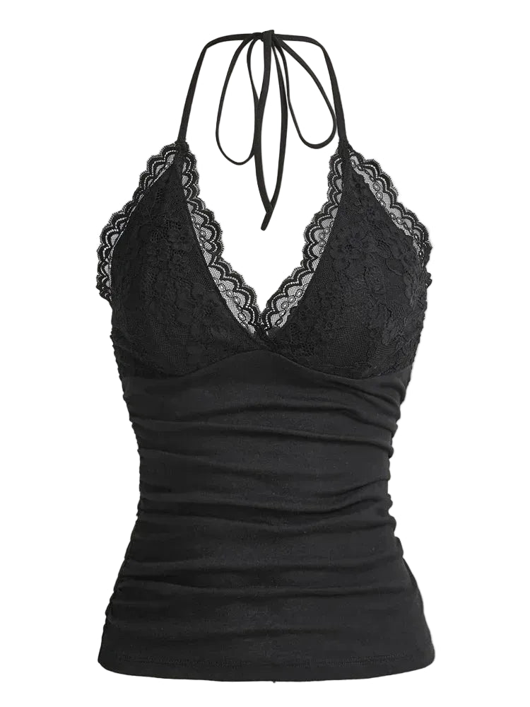 Lace Trim Halter Crop Top with Ruched Front Backless Streetwear Style
