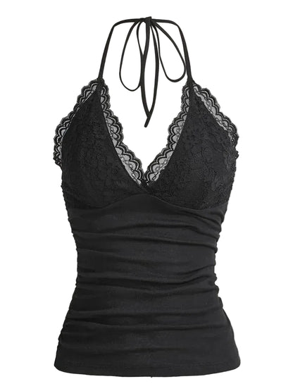 Lace Trim Halter Crop Top with Ruched Front Backless Streetwear Style