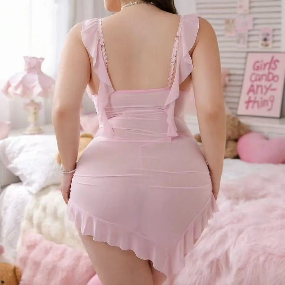 Romantic Pink Ruched Mini Slip Dress with Asymmetrical Ruffled Hemline