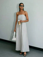 Strapless Linen Maxi Dress with Backless Design and Relaxed Silhouette