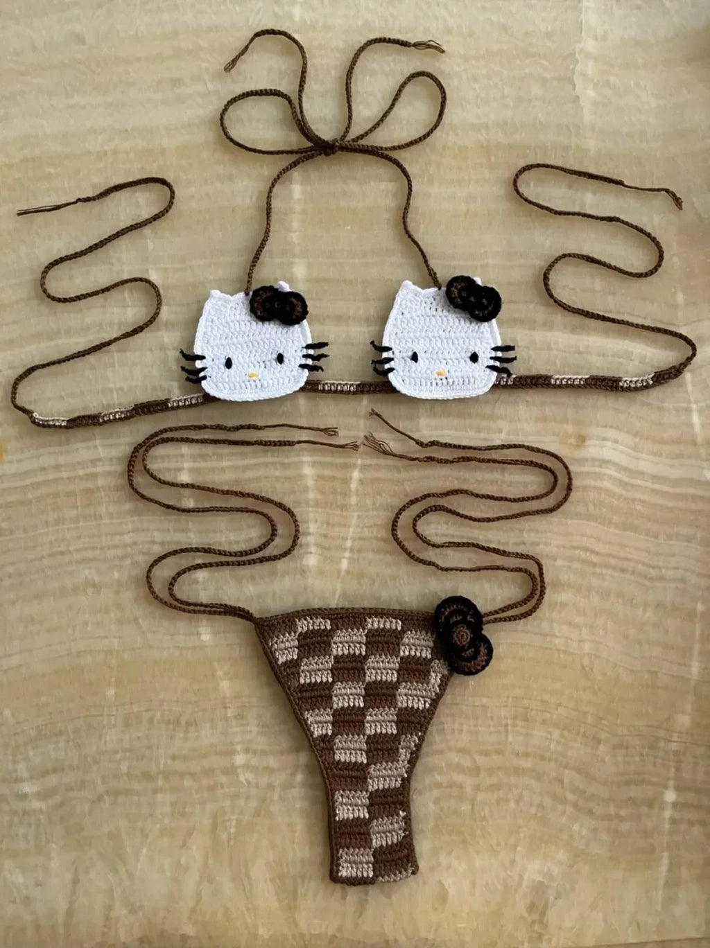 Hand-Crafted Crochet Halter Bikini Set with Whimsical Feline and Checkerboard Details