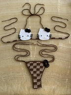 Hand-Crafted Crochet Halter Bikini Set with Whimsical Feline and Checkerboard Details